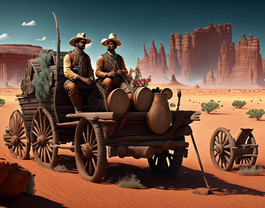 Cowboys on wooden wagon in desert with red rock formations.