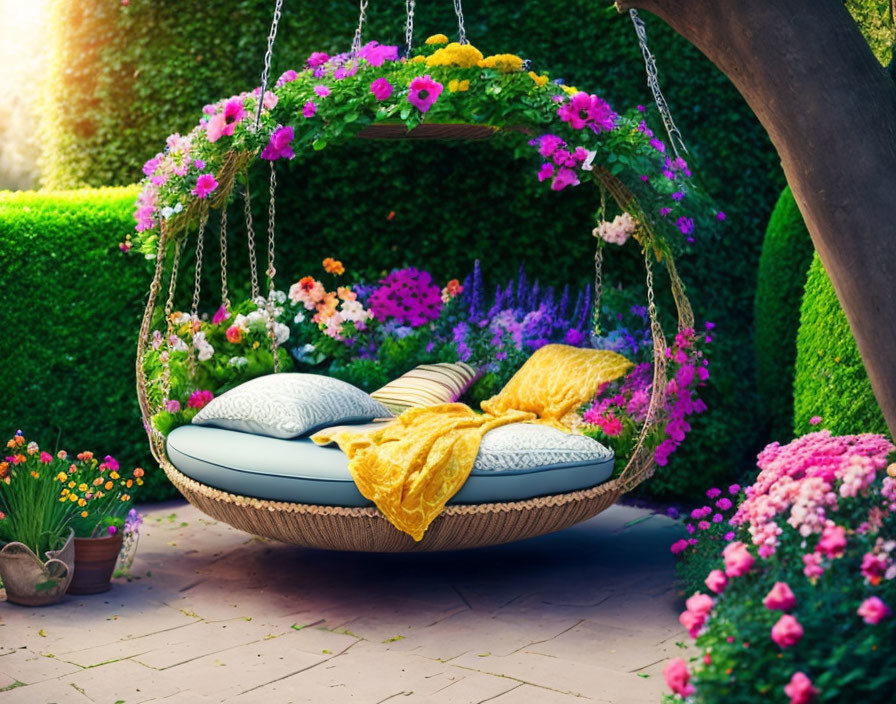 Vibrant flower-adorned garden swing in lush greenery