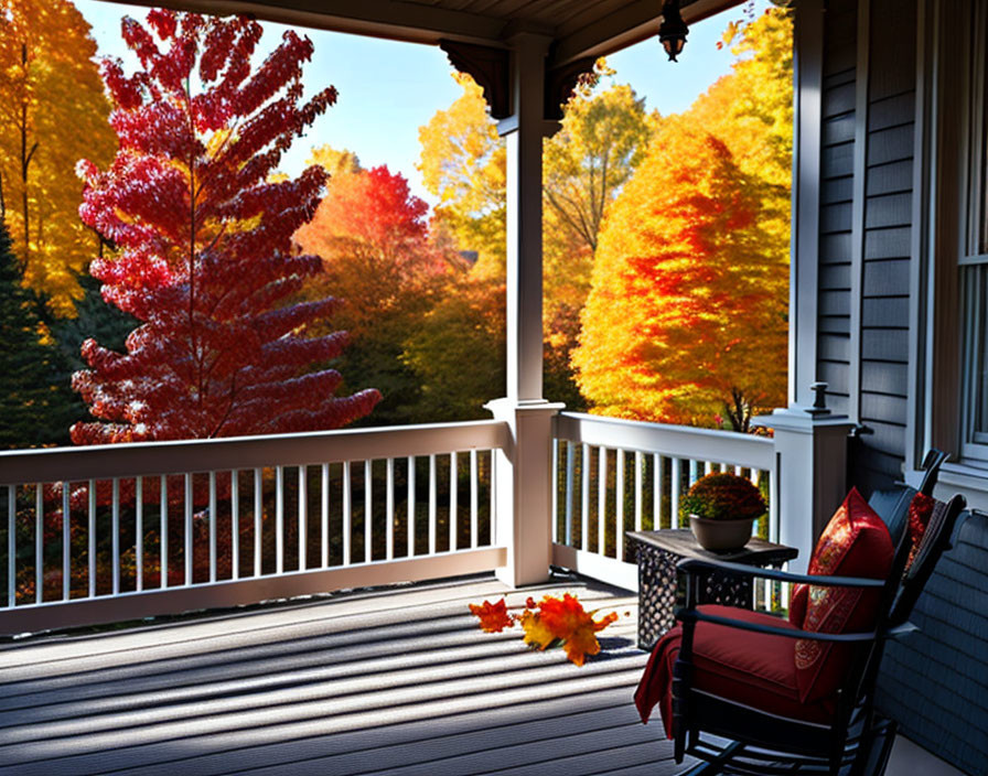 Scenic autumn porch view with chair and vibrant foliage