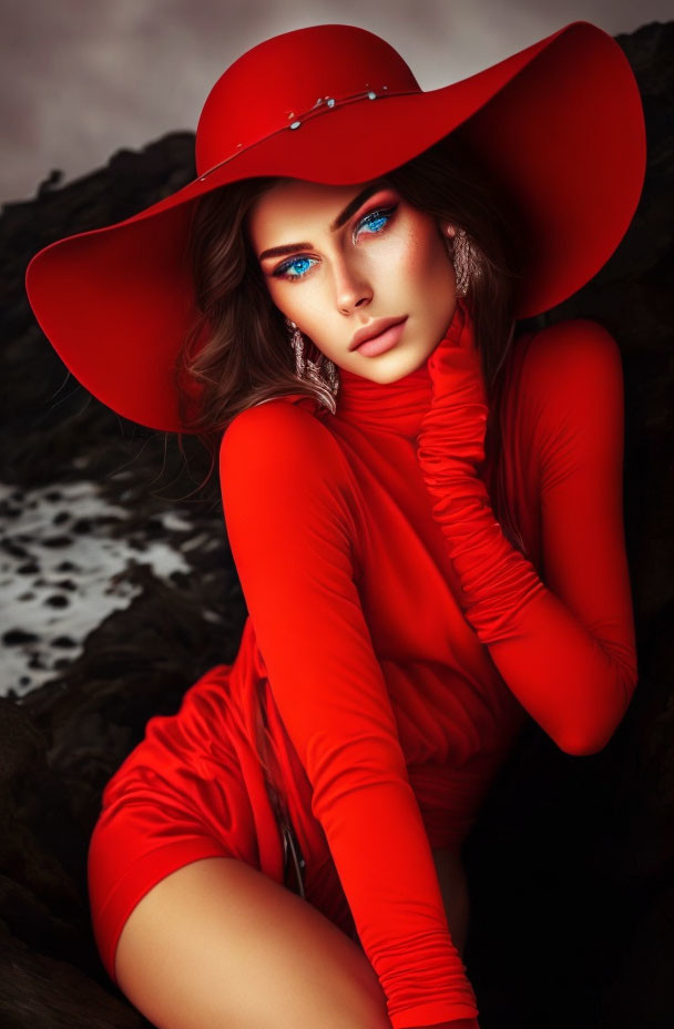 Blue-eyed woman in red attire poses elegantly on rocky terrain under cloudy sky