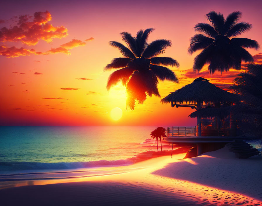 Tranquil beach sunset with palm trees, thatched hut, and reflective sea