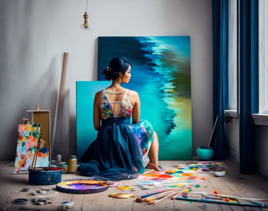 Woman in colorful dress admires abstract painting in art-filled room