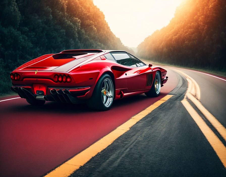 Red Ferrari F40 Racing on Forest Road at Sunset