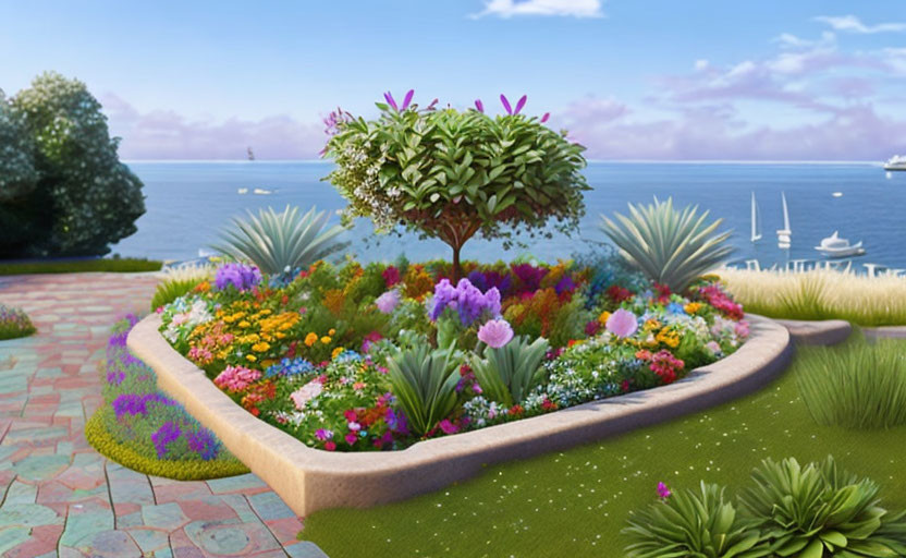 Vibrant garden with flowers, tree, sea, boats, and sky