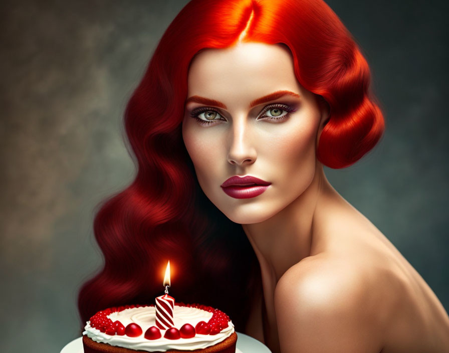 Woman with red hair and green eyes holding birthday cake with lit candle