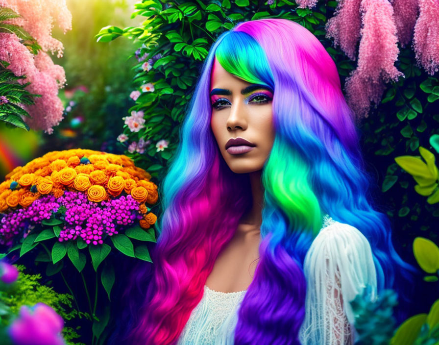 Vibrant rainbow-colored hair in lush greenery and colorful flowers