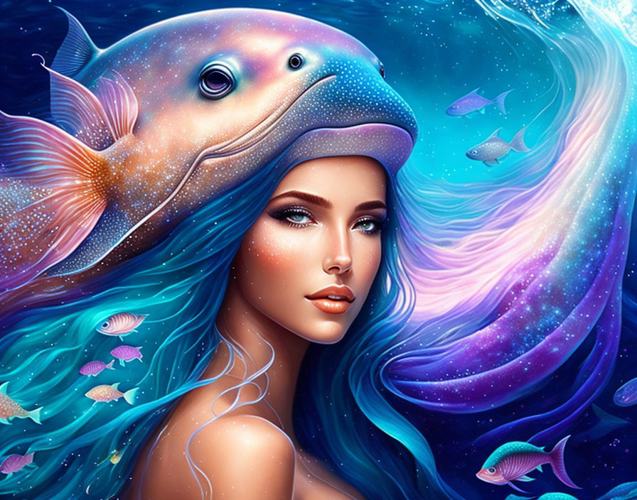 Vibrant digital artwork: Woman with blue hair and dolphin in cosmic underwater scene