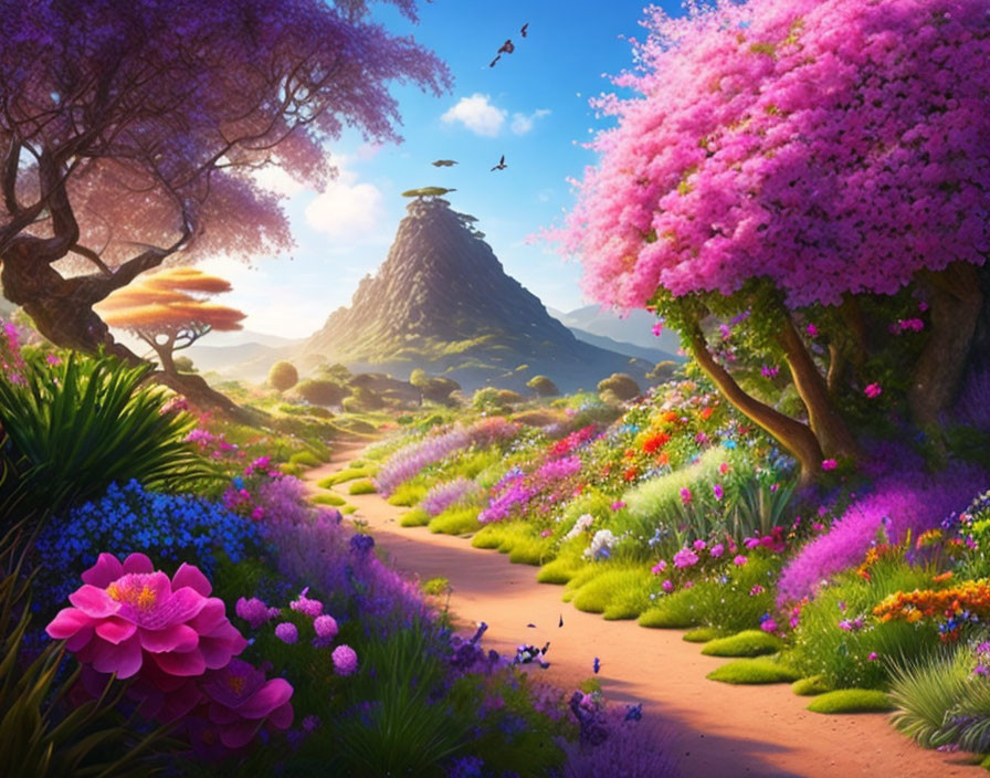 Colorful fantasy landscape with pink trees, mountain, and birds in clear sky