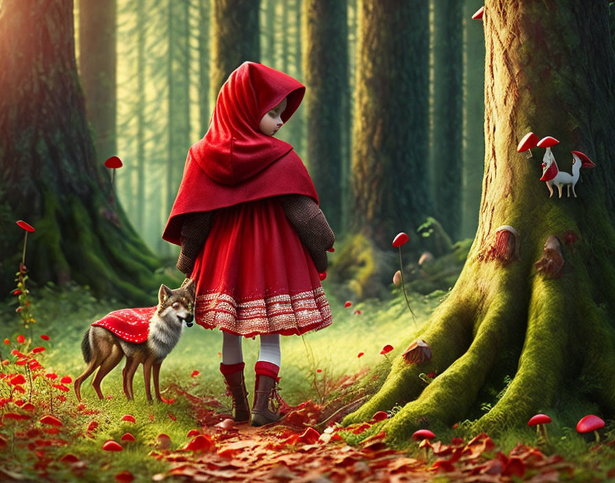 Child in Red Hooded Cape with Fox in Magical Forest with Red Mushrooms