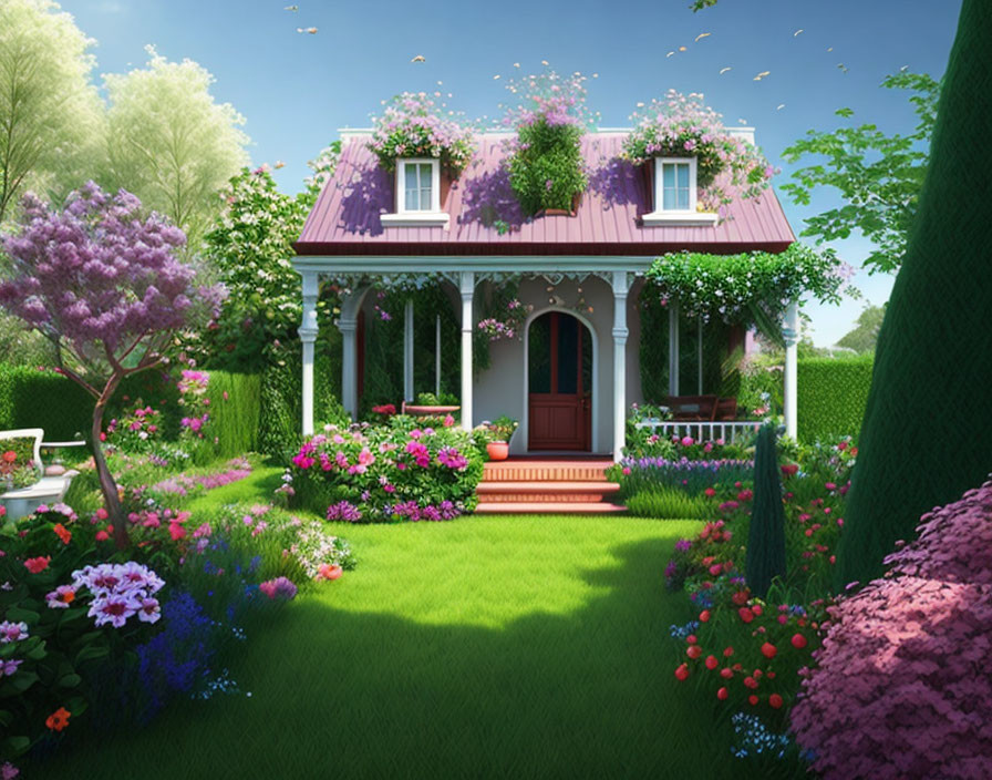 Charming cottage in lush garden with vibrant flowers