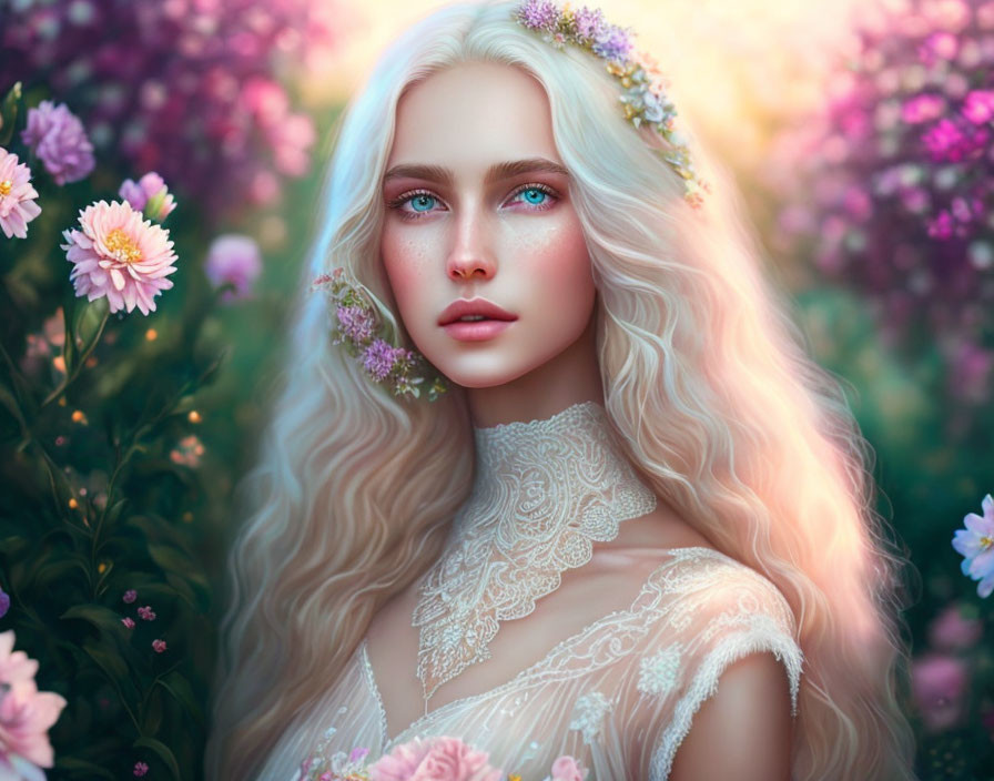 Portrait of young woman with blonde hair and blue eyes in floral crown against pink floral backdrop