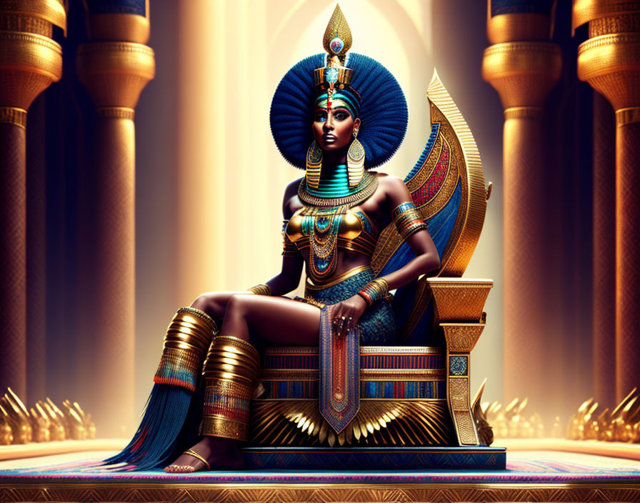 Digital Artwork: Seated Egyptian Goddess Isis Figure with Traditional Garb