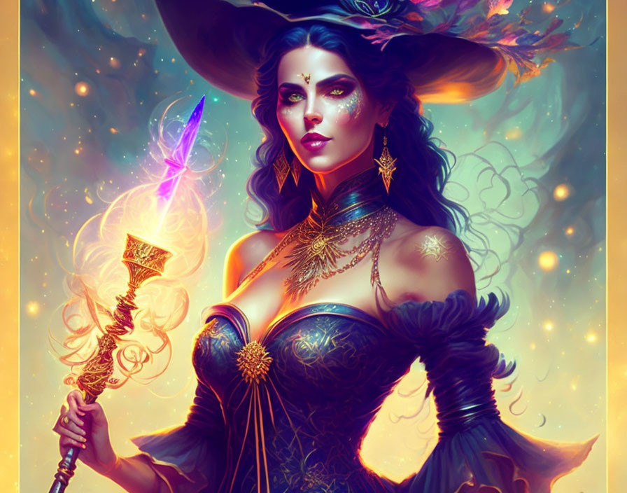 Female sorceress with glowing purple eyes and celestial staff in ornate attire