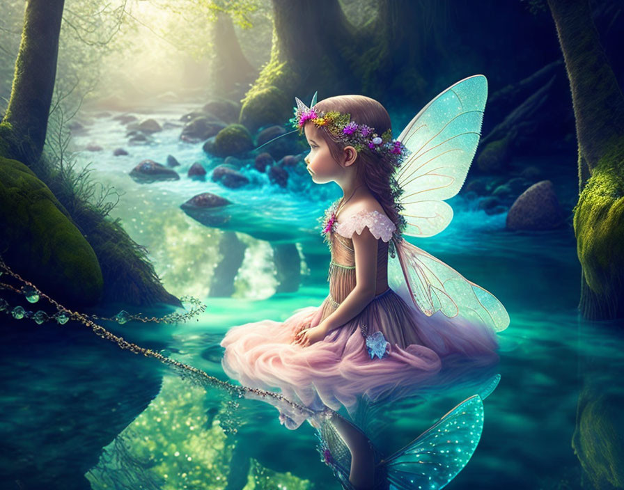 Whimsical fairy with delicate wings in serene forest stream