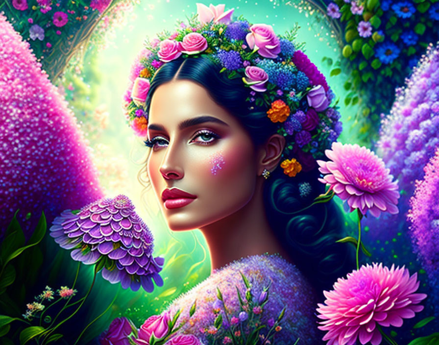 Woman with Floral Headdress Surrounded by Lush Flowers