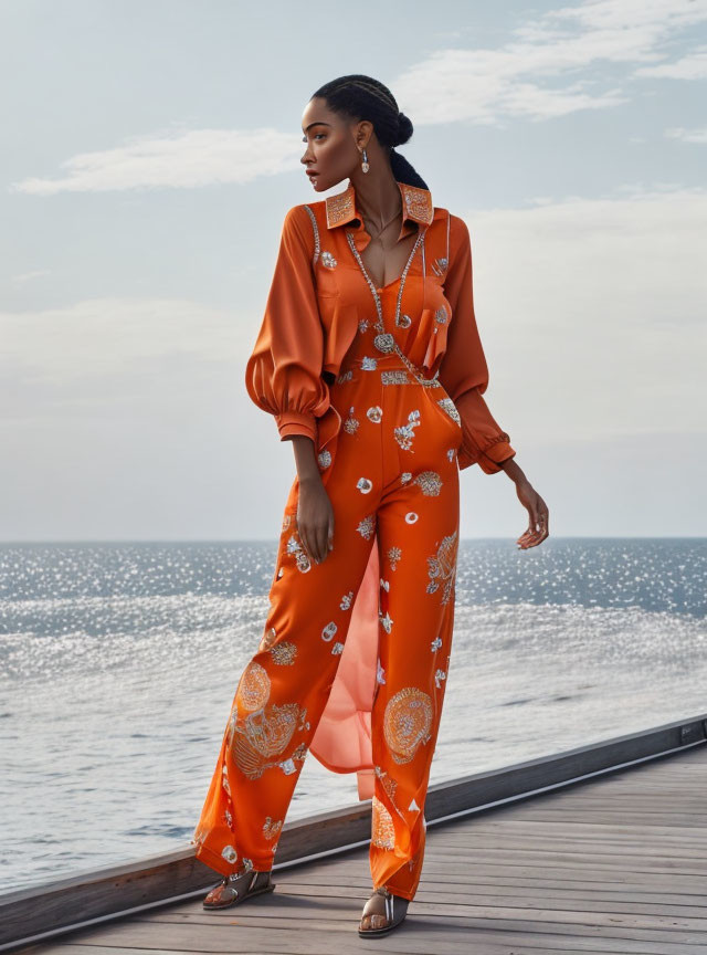 Stylish orange patterned jumpsuit with collar on woman by the sea