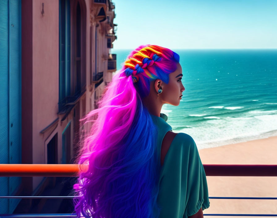 Rainbow-haired woman looking at sea from balcony.