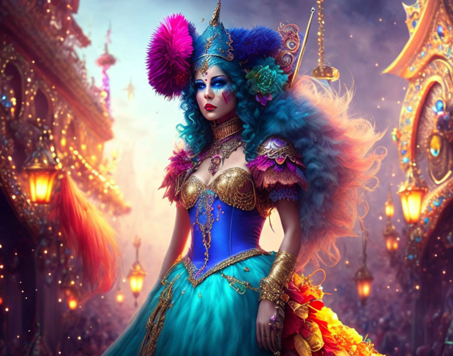 Colorful woman in flamboyant costume at fantasy festival.