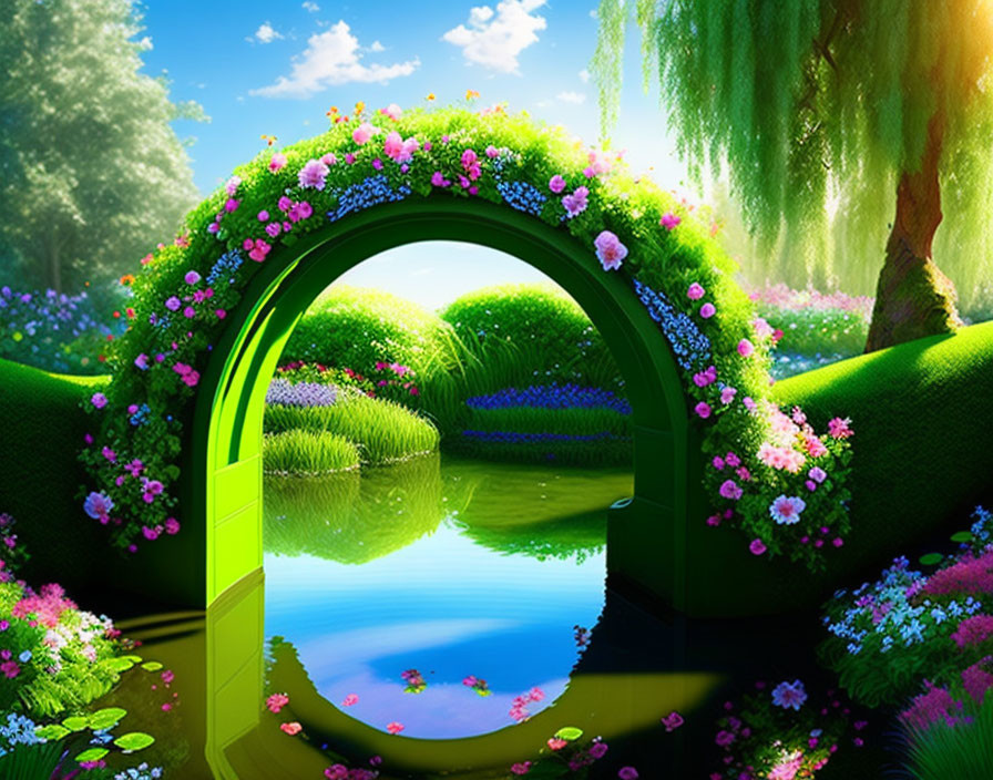 Colorful fantasy landscape with floral arch, pond, greenery, and flowers under blue sky