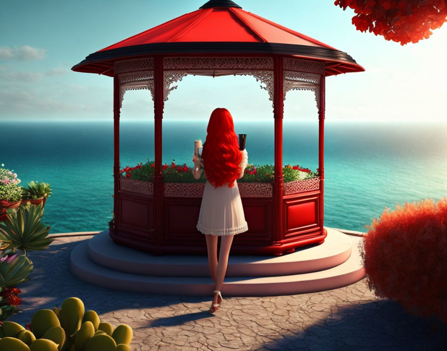 Red-haired woman in white dress walking to seaside red gazebo surrounded by colorful flora.