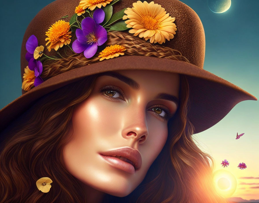 Digital portrait of woman with flowing hair and floral hat under twilight sky.