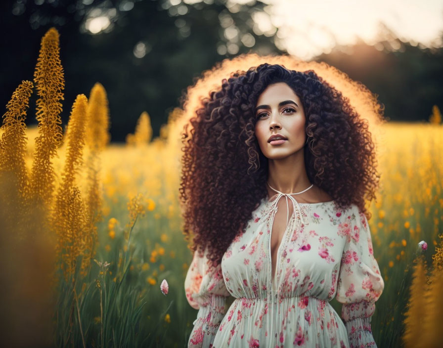 Curly Haired Woman in Floral Dress Among Yellow Flowers