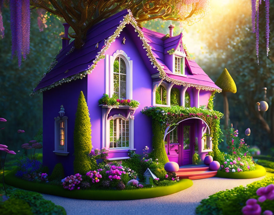 Whimsical Purple House Surrounded by Lush Gardens