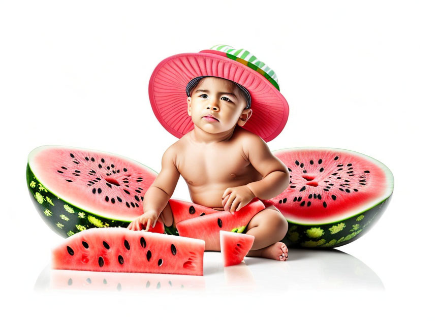 Toddler with fruit hat surrounded by watermelon slices