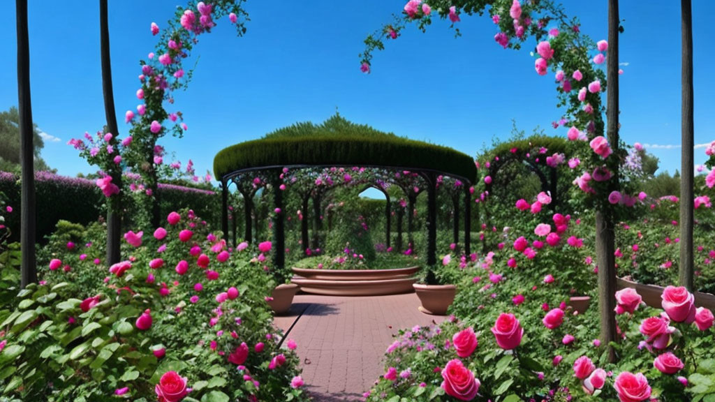 Vibrant pink roses on arched trellis in garden setting