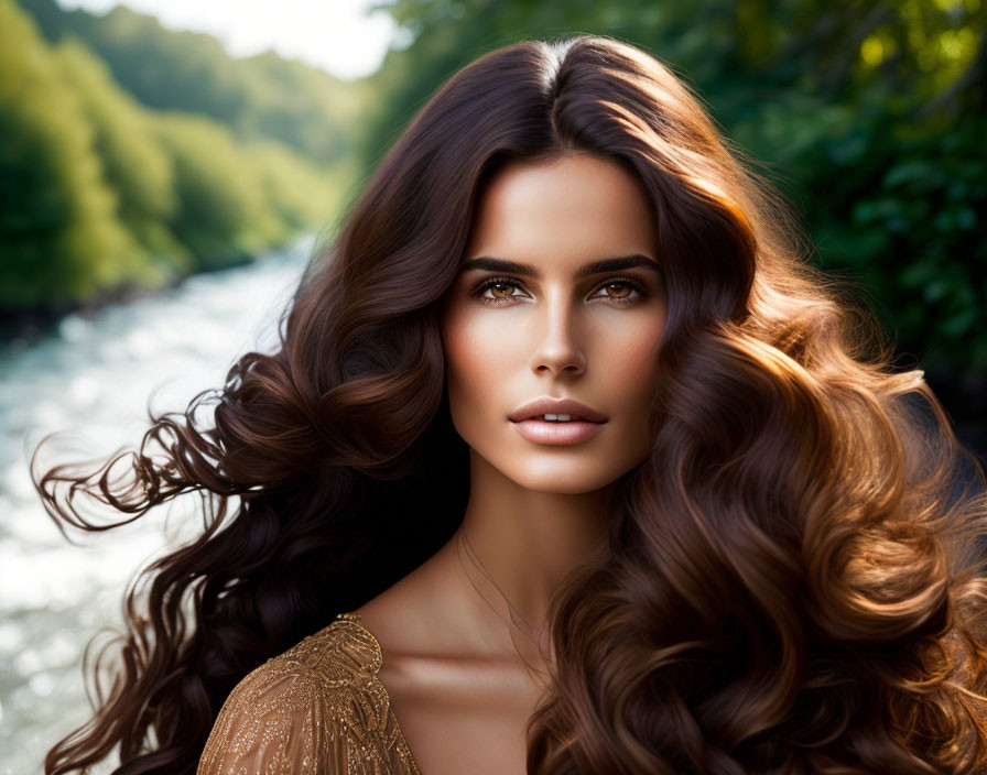 Woman with Voluminous Wavy Brown Hair and Piercing Eyes in Natural Setting