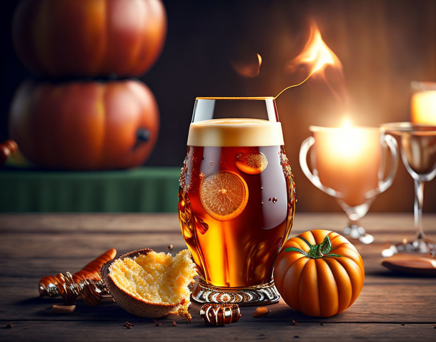 Flaming citrus beer with pumpkins, cookie, and rustic background