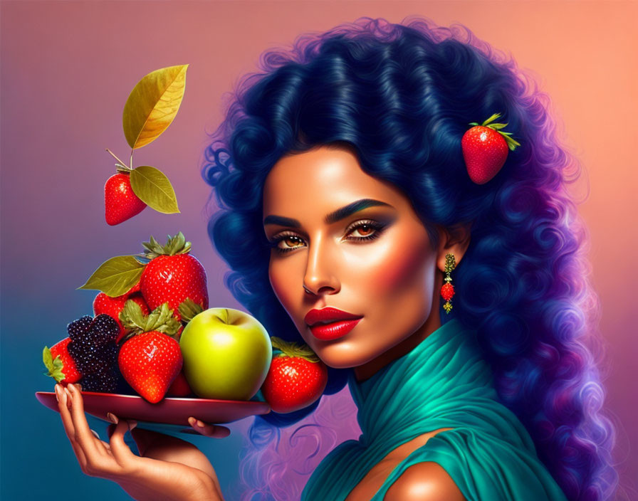 Colorful Illustration: Woman with Blue Curly Hair Holding Plate of Fruits