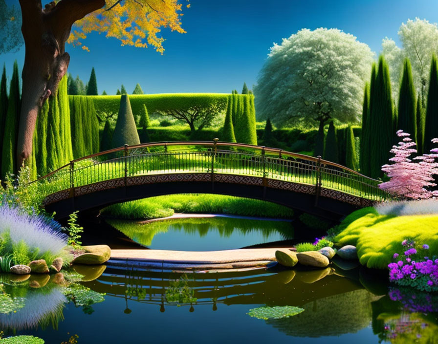 Colorful garden with footbridge over pond & manicured hedge