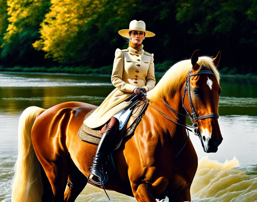 Woman in equestrian attire riding chestnut horse through river with autumn trees.