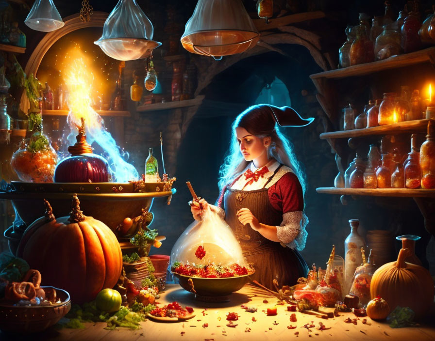 Historical woman brewing potion in candle-lit, magical kitchen.