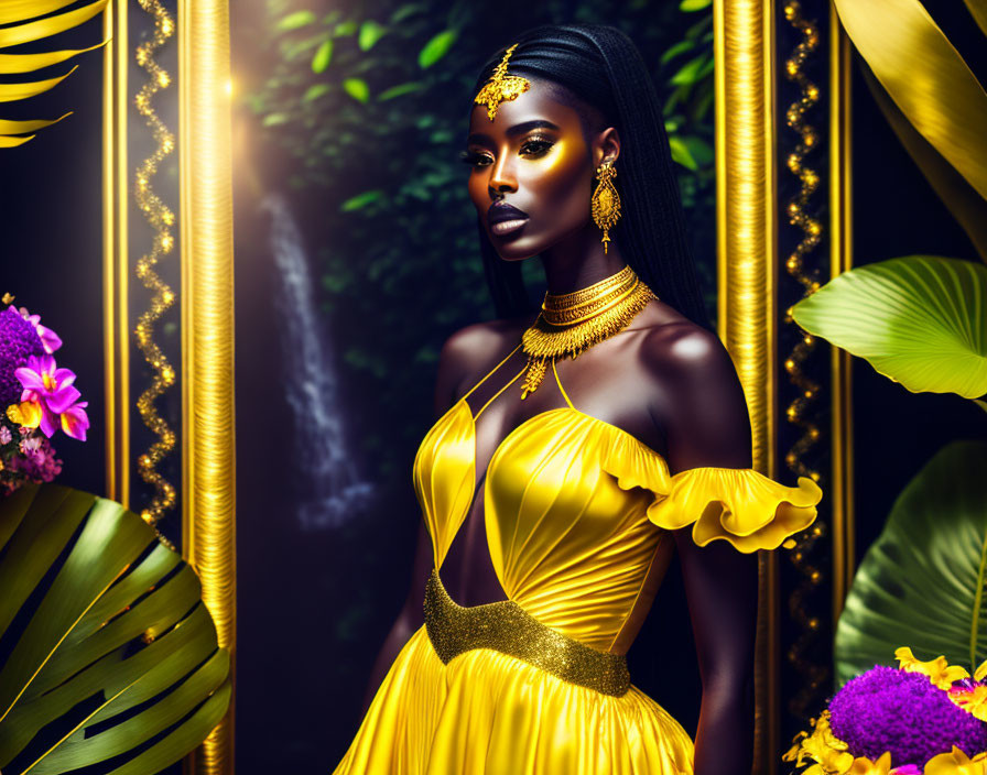 Woman in Vibrant Yellow Dress with Gold Jewelry Poses Beside Lush Greenery