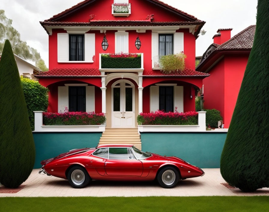 Red classic car parked in front of symmetrical two-story red house with green hedges