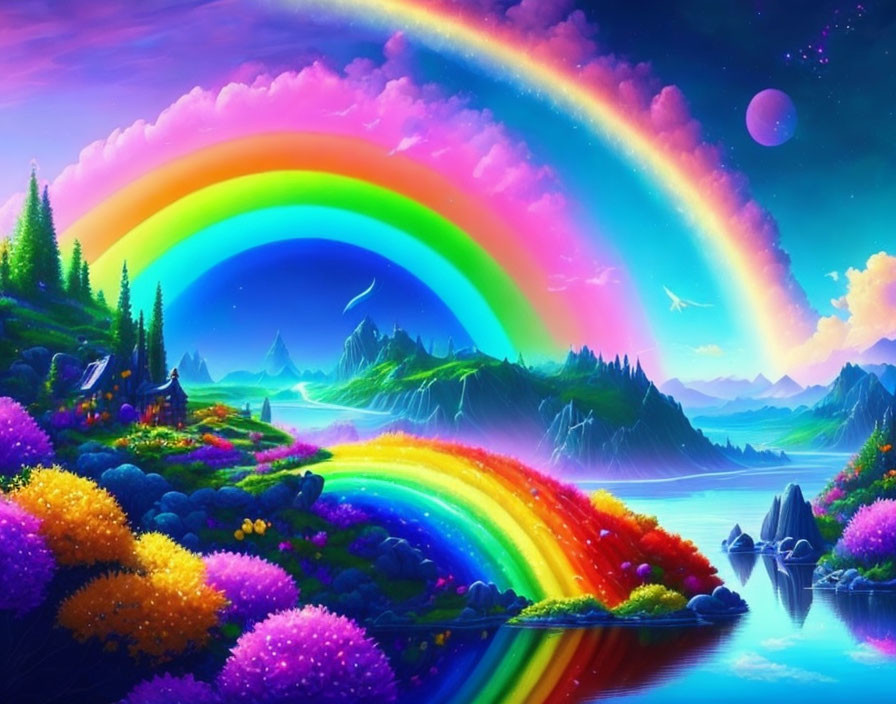 Colorful Flora and Double Rainbow over Mountains in Fantasy Landscape