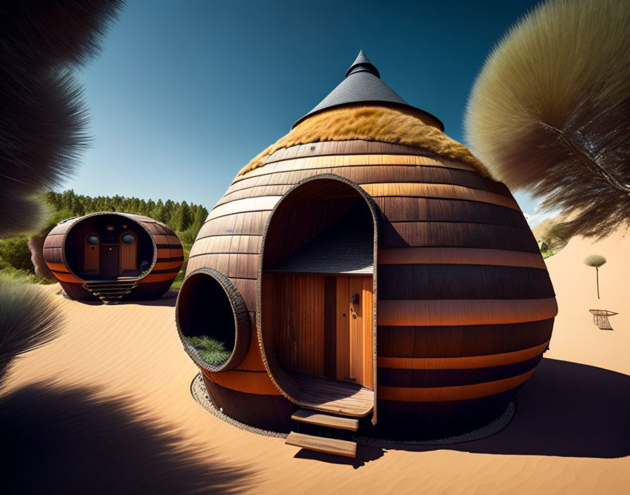 Spherical wooden cabins with conical roofs in sandy landscape.