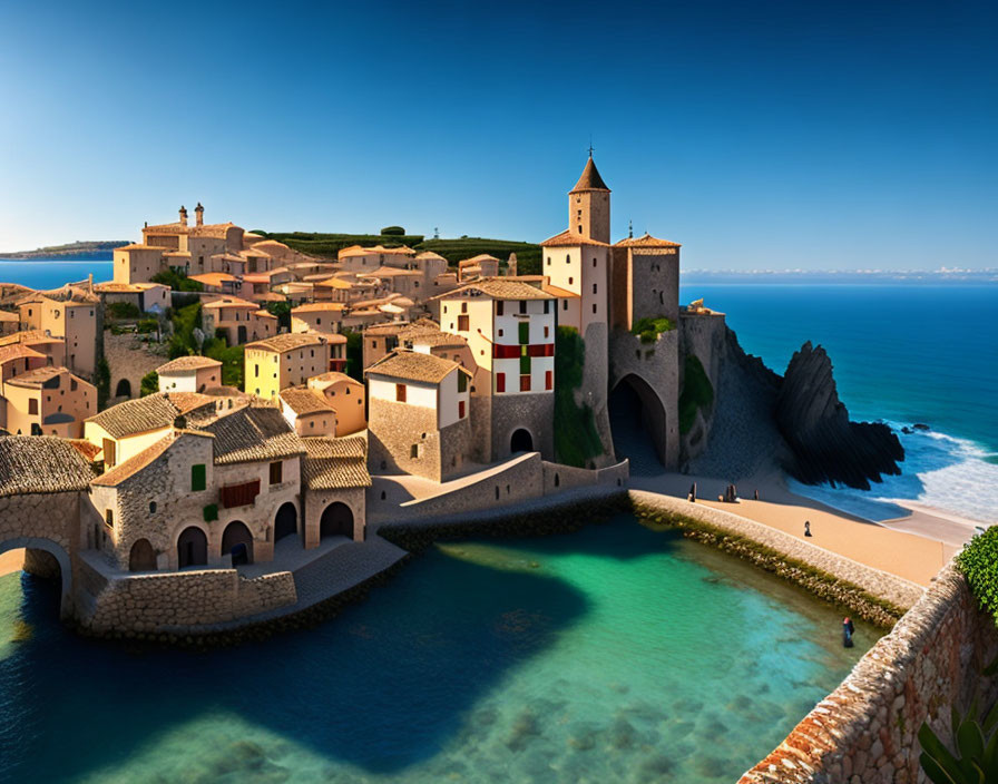 Medieval coastal town with terracotta rooftops, castle, bridge, turquoise waters, blue sky