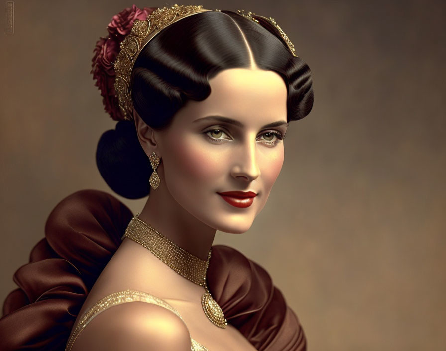 Vintage Hairstyle and Red Lipstick on Elegant Woman with Gold Jewelry