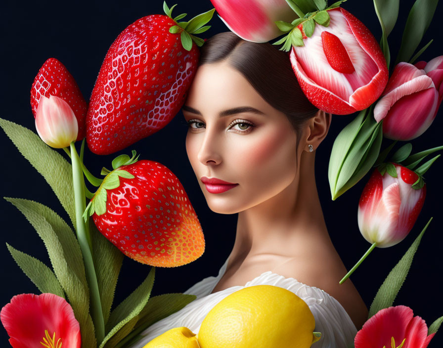 Serene woman with strawberries, tulips, and lemons on dark background