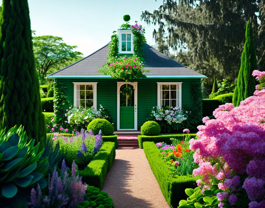 Charming Green Garden Cottage with Brick Pathway