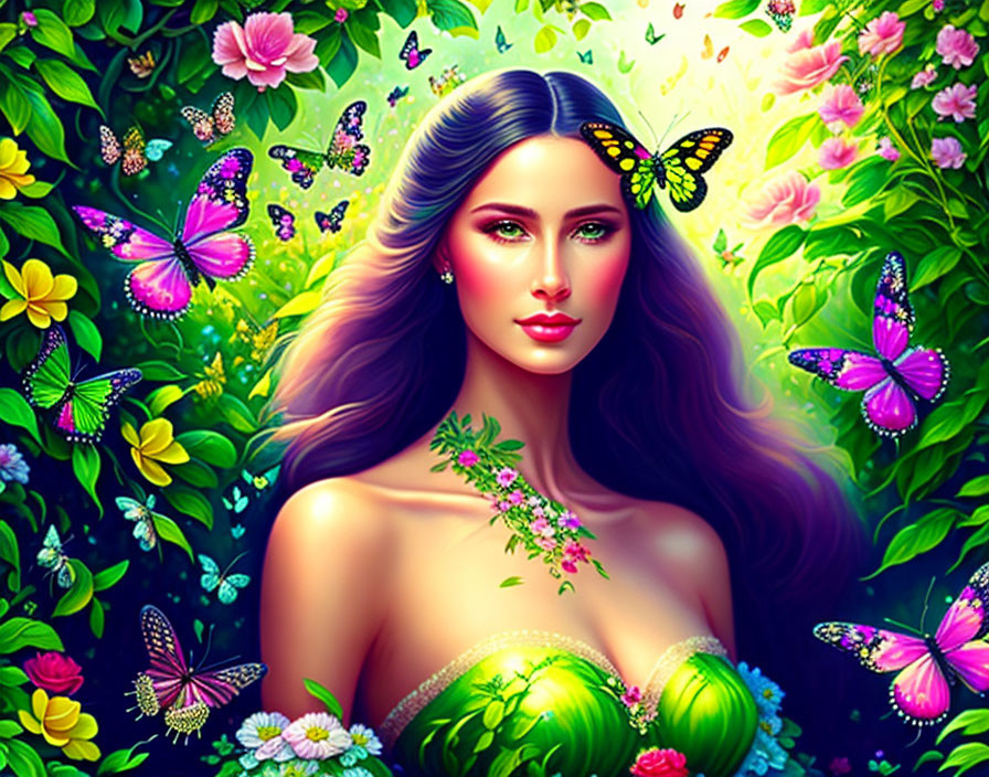 Colorful illustration of woman in lush nature with butterflies