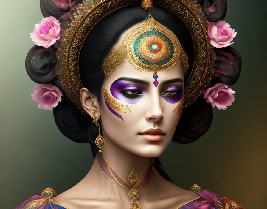 Digital artwork of woman with gold headpiece, peacock motif, purple eye makeup, pink flowers