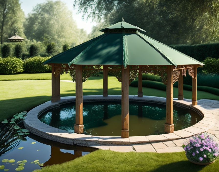 Ornate Gazebo with Green Roof by Tranquil Pond