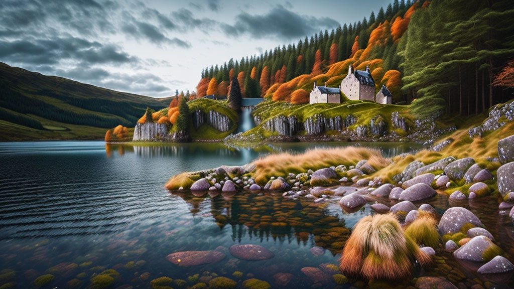 Tranquil landscape with house, waterfall, autumn trees, and calm lake