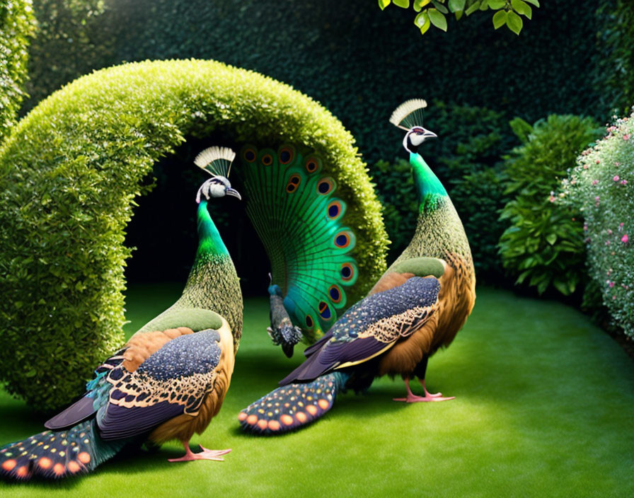 Vibrant peacocks in lush garden with trimmed hedges