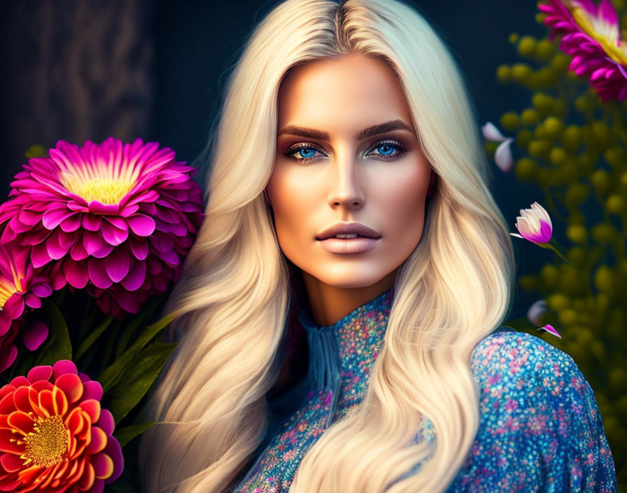 Blonde woman portrait with blue eyes and floral background