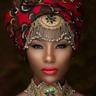 Colorful Jeweled Headdress and Pearl Jewelry Portrait